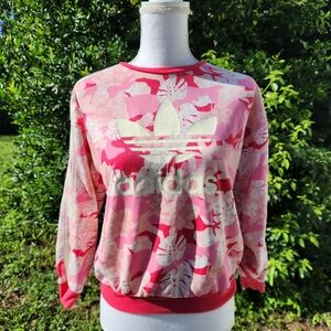 Adidas Hibiscus Floral Print Crewneck Logo Sweatshirt Size L Pink Unique
